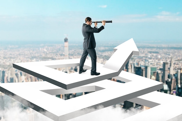 Businessman on abstract white arrow maze using binoculars to look into the distance on city background Growth and research concept