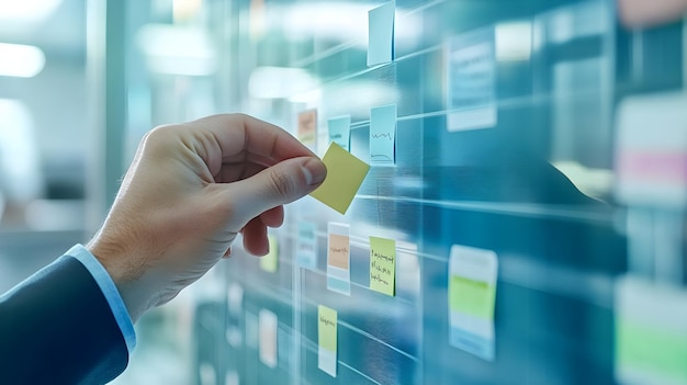 Photo businessman adding sticky note to glass board