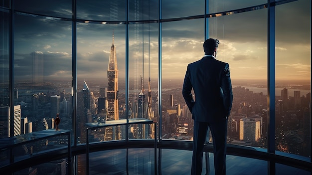 A businessman admiring the skyscrapers through the window of his luxury building