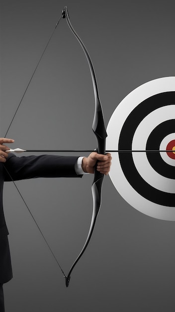 Photo businessman aiming at target with bow and arrow isolated on gray background