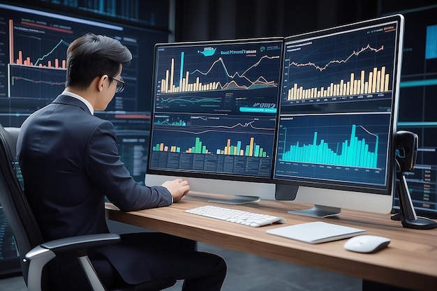 Businessman analyst working with digital finance business data graph showing technology of investment strategy for perceptive financial business decision Digital economic analysis technology concept