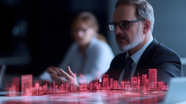 Photo businessman analyzing digital cityscape on touchscreen