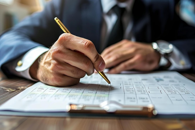 Businessman analyzing financial chart using pen on clipboard