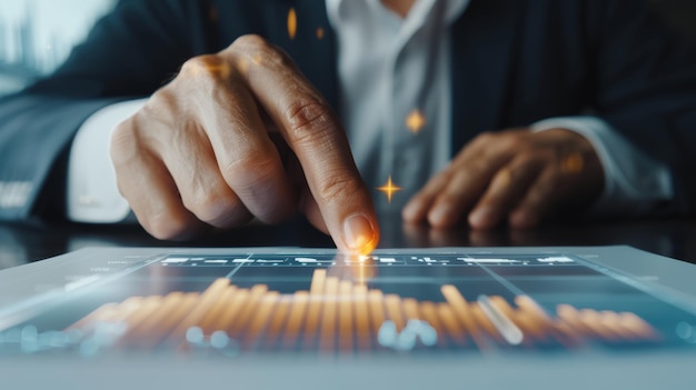 A businessman analyzing financial charts futuristic holographic displays showing profits