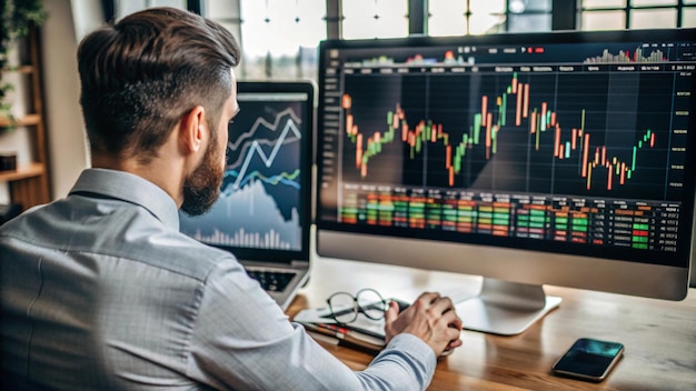 Businessman Analyzing Financial Data on Computer Screen