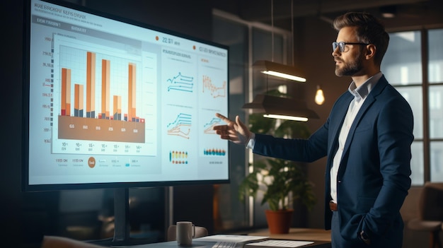 Businessman analyzing financial data on digital screen in office