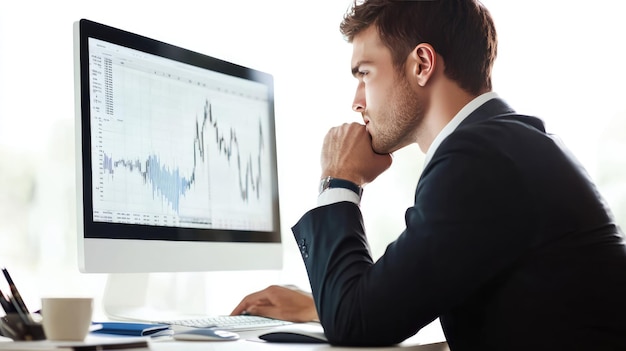 A businessman analyzing financial data on his computer screen with a look of concentration