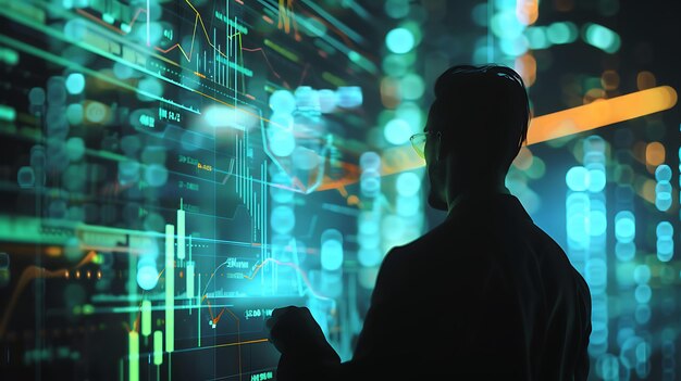 Businessman analyzing financial data on a large screen in a dark room