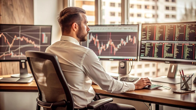 Businessman Analyzing Financial Data on Multiple Monitors