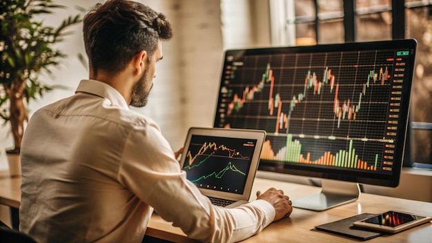 Businessman Analyzing Financial Data on Multiple Screens