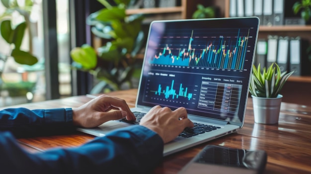 A businessman analyzing financial reports and charts on a laptop in a modern office making strategic decisions and managing