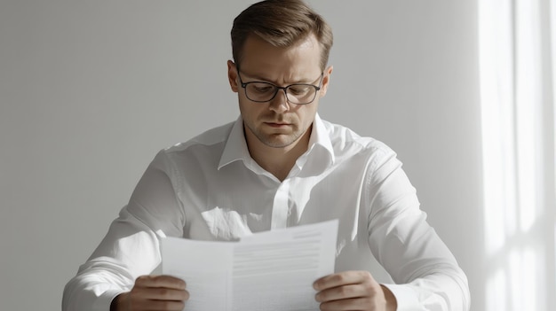 A businessman analyzing financial statements with a focused expression