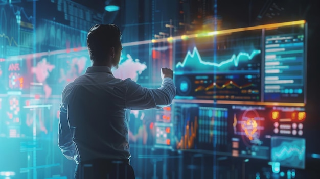 A businessman analyzing a holographic projection of a complex business graph exploring different scenarios for strategic planning