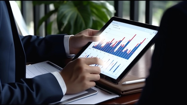 Businessman Analyzing Investment Business Growth Graph Data and Progress Using Tablet on His Desk