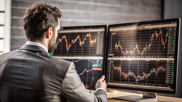 Businessman Analyzing Stock Market Data on Multiple Monitors