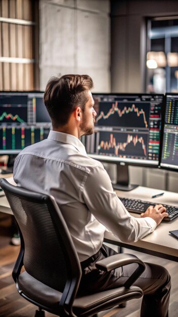 Businessman Analyzing Stock Market Data on Multiple Monitors