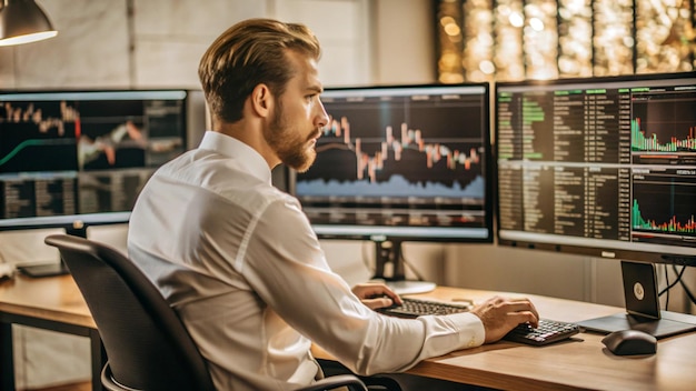 Businessman Analyzing Stock Market Data on Multiple Monitors