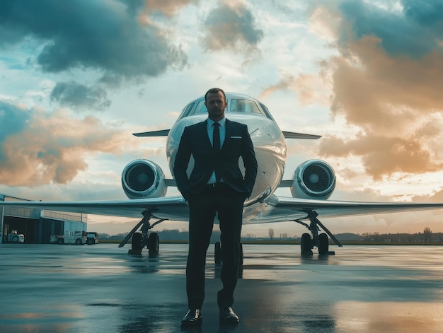 Photo a businessman approaches a private jet during a dramatic sunset at an airport ready for a journey