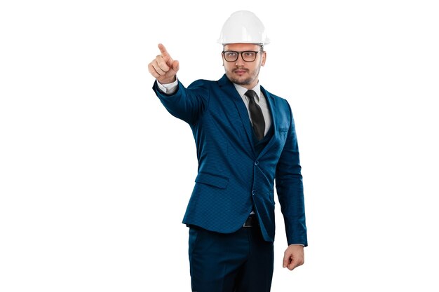 Businessman architect with a white helmet on his head