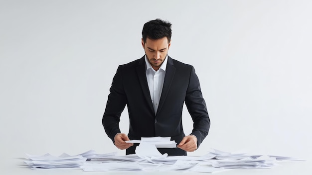 A businessman arranging papers and notes in preparation for a meeting