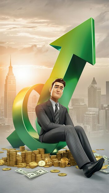 Businessman atop a rising green arrow symbolizing growth and success