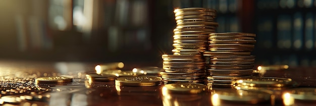 Businessman Background Office Desk with Stack of Gold Coins