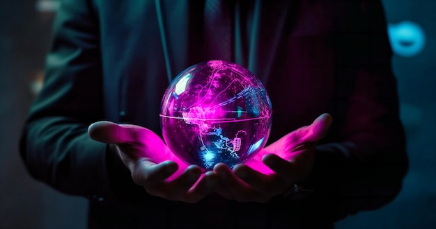 A businessman in black is holding a blue globe with electronic elements on it