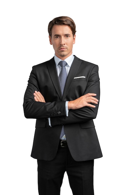 Businessman in black suit arms crossed isolated over white background