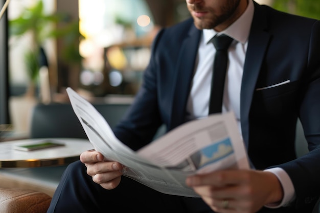 Photo businessman in black suit reading financial newspaper closeup shot of a businessman reading a financial newspaper ai generated