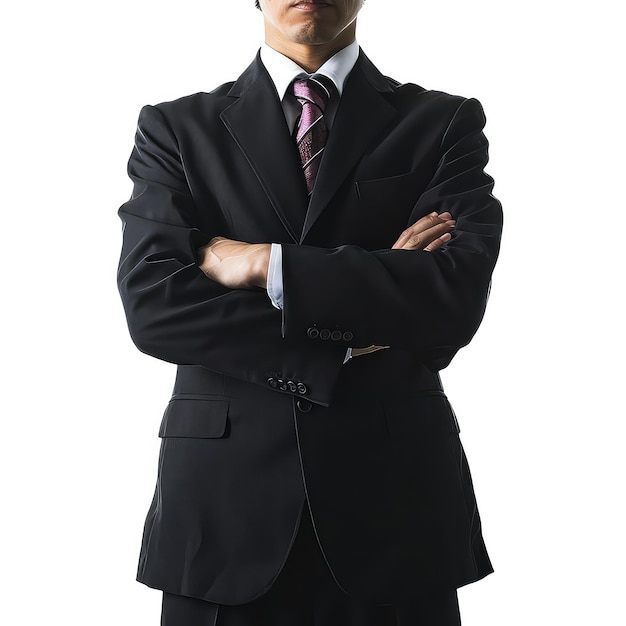 Businessman in black suit with arms crossed isolated on white background