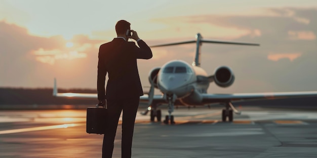 Photo a businessman in black suit and with briefcase is standing on the airport runway near private jet while making phone call view from back side blurred background