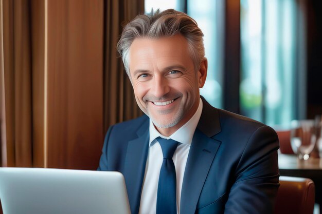 a businessman in a blue business suit is sitting at a table with a laptop and smiling