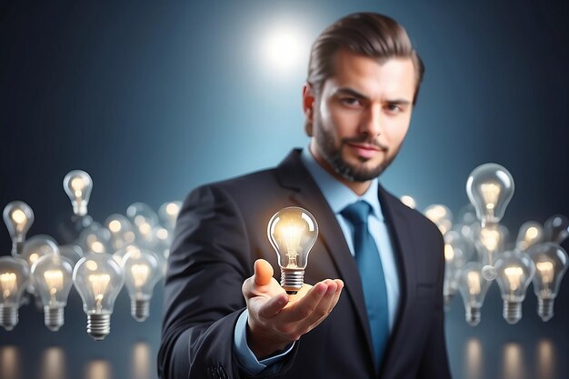 Photo businessman on blurred background holding shiny lightbulb in his hand 3d rendering