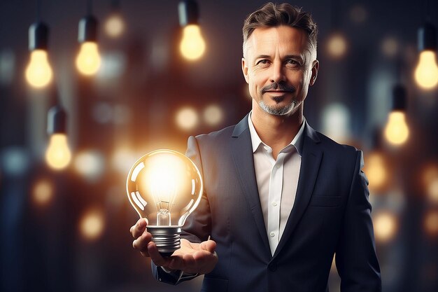 Photo businessman on blurred background holding shiny lightbulb in his hand 3d rendering