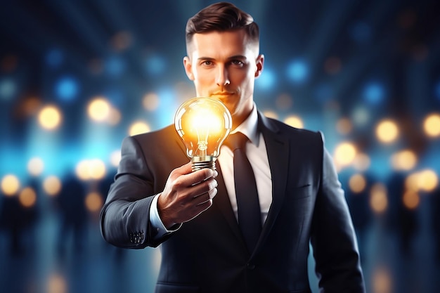 Photo businessman on blurred background holding shiny lightbulb in his hand 3d rendering