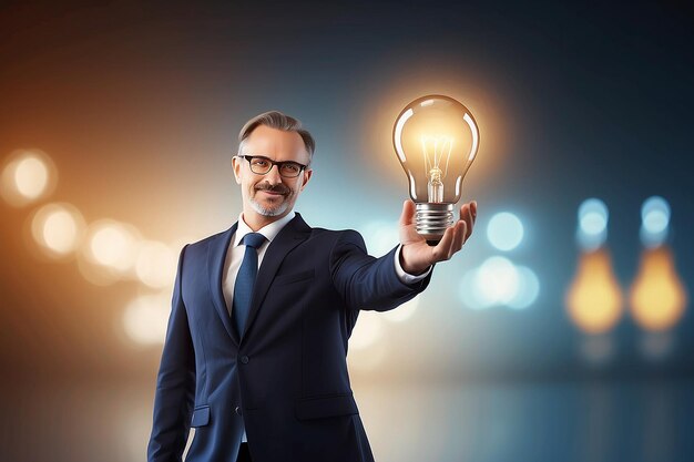 Photo businessman on blurred background holding shiny lightbulb in his hand 3d rendering