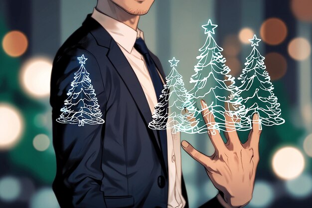 Photo businessman on blurred background holding and touching christmas trees sketch