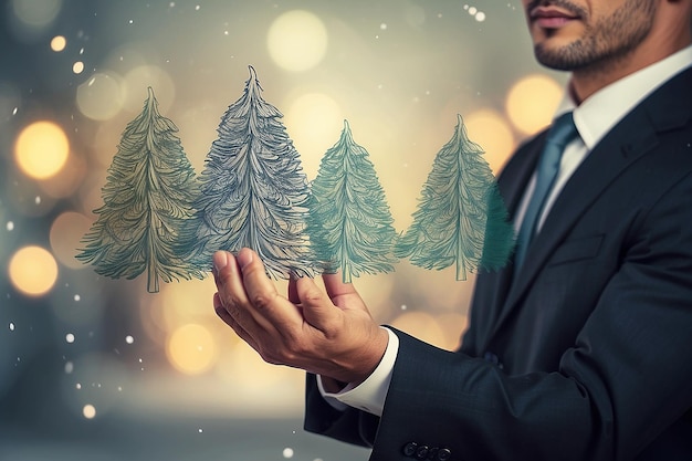 Photo businessman on blurred background holding and touching christmas trees sketch