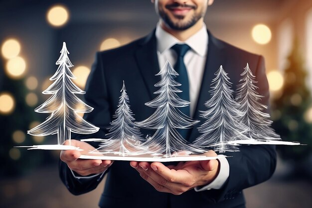 Photo businessman on blurred background holding and touching christmas trees sketch