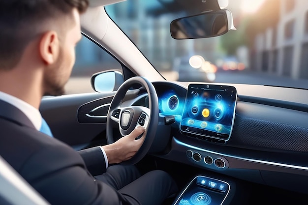 Photo businessman on blurred background modern smart car interface 3d rendering