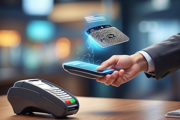 Photo businessman on blurred background using contactless terminal payment 3d rendering