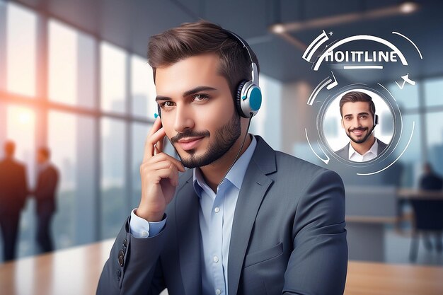 Businessman on blurred background using hotline customer assistance 3D rendering