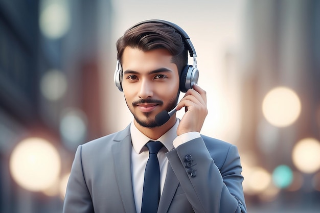 Businessman on blurred background using hotline customer assistance 3D rendering