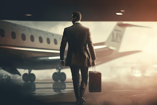 Businessman boarding plane preparing for flight to new destination