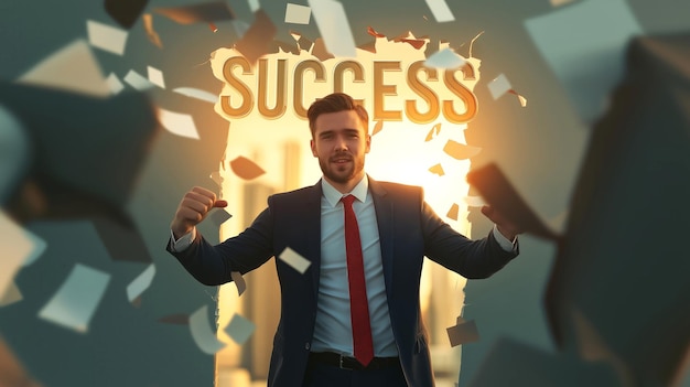 A businessman breaking through the wall surrounded by papers and with his hands raised in victory