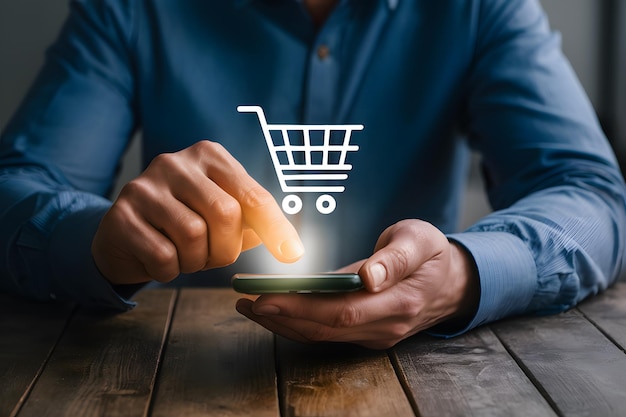 Businessman browses smartphone featuring shopping cart icon interface