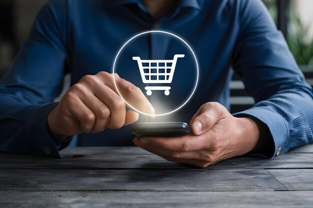 Businessman browses smartphone featuring shopping cart icon interface