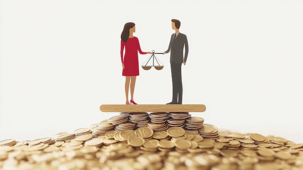 Photo businessman and businesswoman balancing on seesaw on top of coins