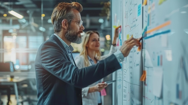 Photo a businessman and businesswoman collaborate on a whiteboard in a modern office setting brainstorming