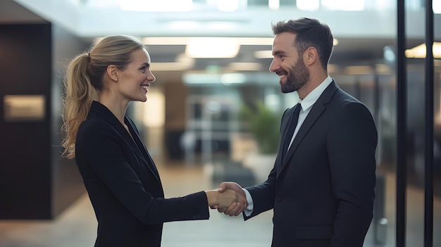 A businessman and a businesswoman shaking hands in an office